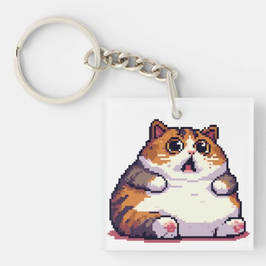 Porte-clés Mème de chat gras orange choqué pixel art (Devant)