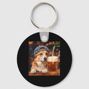 Porte-clés Mème de chien drôle de Corgi buvant de la bière