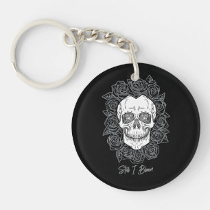 Porte-clés Memento Mori ! Crâne et Roses, main tirée