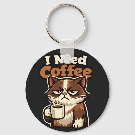 PORTE-CLÉS MEMES DE CHAT « J'AI BESOIN DE CAFÉ » (Recto)