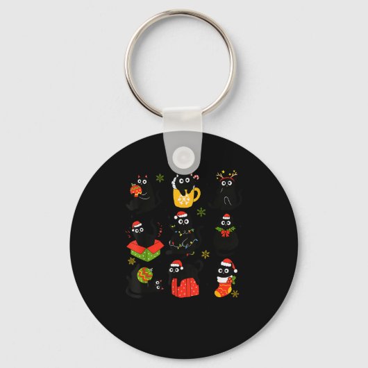 Porte-clés Meow Christmas Xmas Lights Black Cat Pajamas Famil (Recto)