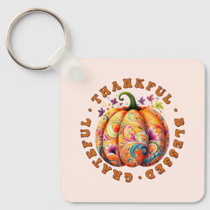 Porte-clés Merci, béni, Gratuit Citrouille Floral