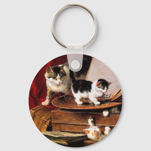Porte-clés Mère Chat et chatons sur table (Recto)