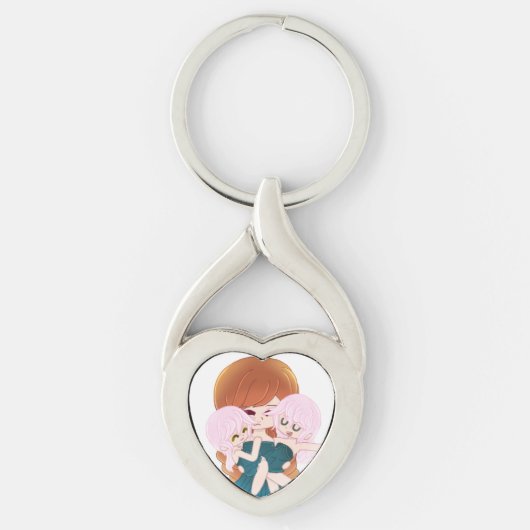 Porte-clés Mère de dessin avec ses jumeaux Coeur Keychain (Devant)