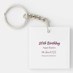 Porte-clés Message simple nom date rose violet pour 20e anniv