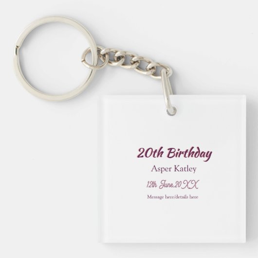 Porte-clés Message simple nom date rose violet pour 20e anniv (Devant)