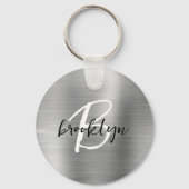 Porte-clés Métal brossé argenté Noir Blanc Script Monogramme (Recto)