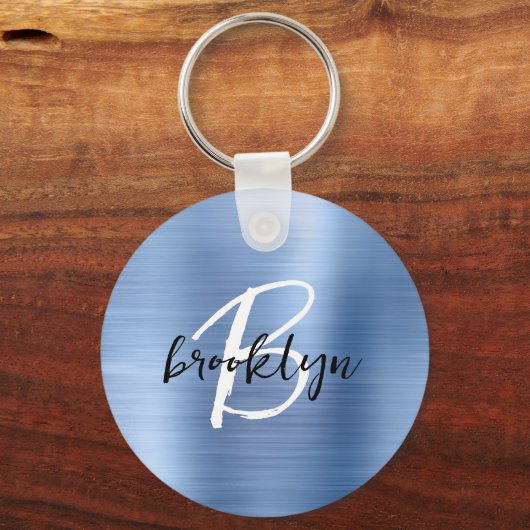 Porte-clés Métal brossé Bleu Noir Blanc Script Monogramme (Recto)