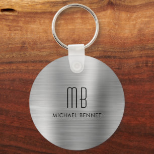 Porte-clés Métal brossé faux gris argent Monogramme