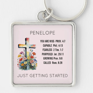 Porte-clés métallique Croix florale Foi & Sagesse