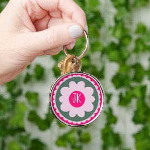 Porte-clés métallique rond floral rose