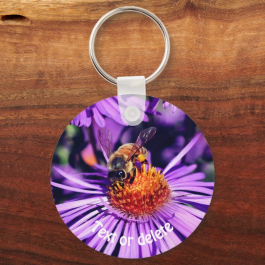 Porte-clés Miel Abeille Sur Fleur Aster Violet Personnalisé (Recto)