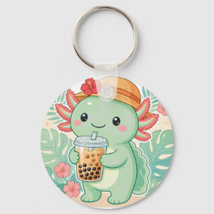 Porte-clés Mignon Axolotl Vert Kawaii Buvant du Thé aux Perle