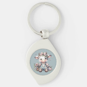 Porte-clés Mignon bébé vache pastel en salopette avec des fle
