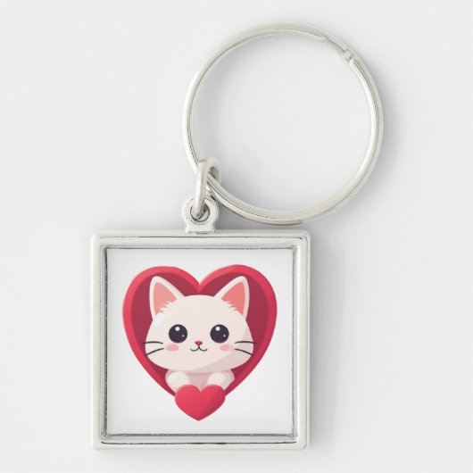 Porte-clés Mignon Chat Blanc avec Design de Kawaii Kitty Love (Devant)