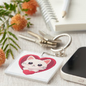 Porte-clés Mignon Chat Blanc avec Design Kawaii Kitty Love (Devant Droit)