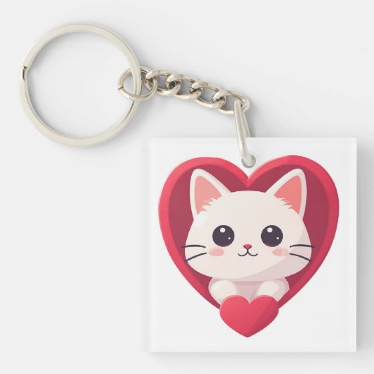 Porte-clés Mignon Chat Blanc avec Design Kawaii Kitty Love (Devant)