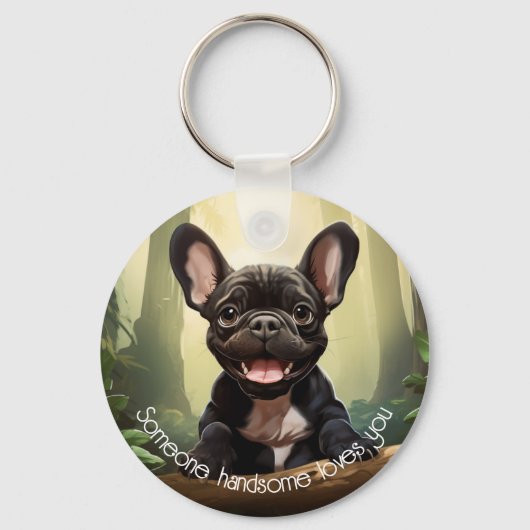 Porte-clés 😍Mignon chiot Frenchie dans une forêt (Recto)