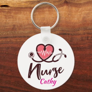Porte-clés Mignon Cœur Rose Lifeline Infirmière Personnaliser