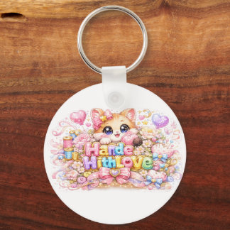 Porte-clés Mignon Kawaii Fabriqué Avec Amour Chat Nom Pastel