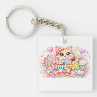 Porte-clés Mignon Kawaii Fabriqué Avec Amour Chat Nom Pastel
