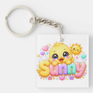 Porte-clés Mignon Kawaii Sunny Chick Nom Pastel Rose Pailleté