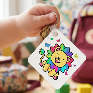 Porte-clés Mignon lion Kawaii souriant avec papillons dessin