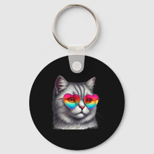 Porte-clés Mignon Saint-Valentin Gris Chat Coeur Lunettes Fem