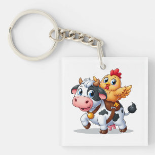 Porte-clés mignon vache/poulet caricature