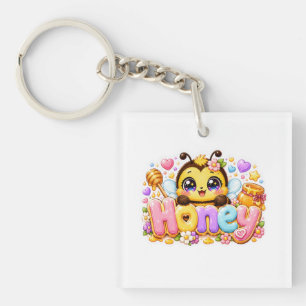 Porte-clés Mignonne Abeille Miel Kawaii Nom Pastel Rose Étinc