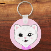 Porte-clés Mignonne face blanche de chat sur rose clair (Recto)