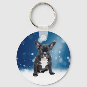 Porte-clés Mignonne French Bulldog Etoiles de neige Bleu Noël