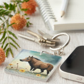 Porte-clés Mignonne poney brun dans le champ floral (Devant Droit)