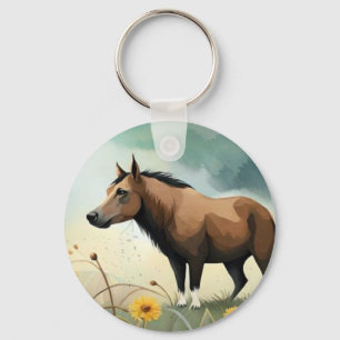 Porte-clés Mignonne poney brun dans le champ floral