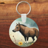 Porte-clés Mignonne poney brun dans le champ floral (Verso)