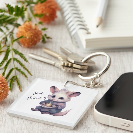 Porte-clés Mignonne souris en pyjama avec café. Rat et café (Devant Droit)