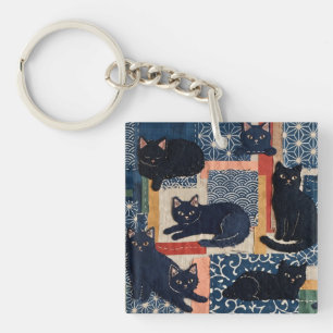 Porte-clés Mignons chats noirs japonais patchwork