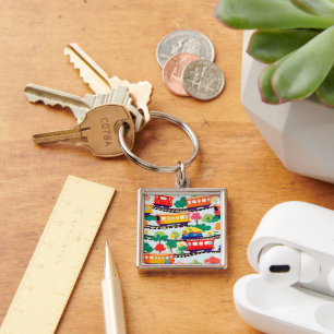 Porte-clés Mignons trains et motif d'arbres bleu