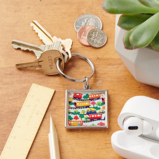 Porte-clés Mignons trains et motif d'arbres bleu (Bureau)