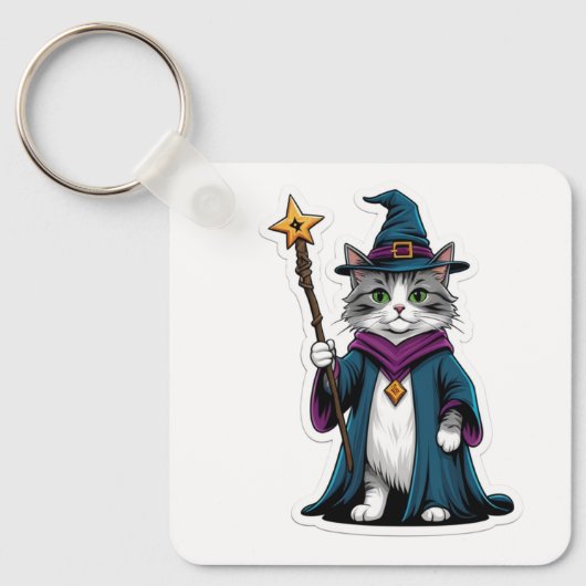 Porte-clés Mini sorcier chat avec bâton magique (Recto)