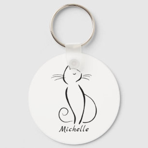 Porte-clés Minimalist black cat on white add name