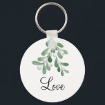 Porte-clés Mistletoe Love Porte - clé<br><div class="desc">Cette porte - clé romantique est décorée de feuilles de badauton d'aquarelle et de baies. Facile à personnaliser. Utilisez l'outil de conception pour modifier la taille, le style ou la couleur du texte. En créant notre oeuvre, vous ne trouverez pas cette image exacte d'autres créateurs. Aquarelle originale © Michele Davies....</div>