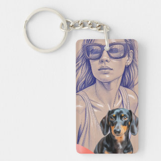 Porte-clés Mixed Media Illustration of a Woman and Dachshund
