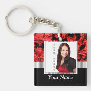 Porte-clés Modèle damassé à fleurs rouges et noires