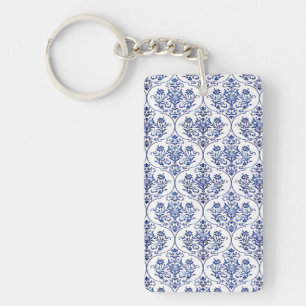 Porte-clés Modèle de damas fleuri - bleu
