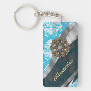 Porte-clés Modèle personnalisé bleu pâle joli girly damassé