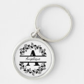 Porte-clés Modern Black Floral Wreath Split Monogram "A" (Devant)
