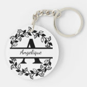 Porte-clés Modern Black Floral Wreath Split Monogram "A" (Dos)