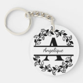 Porte-clés Modern Black Floral Wreath Split Monogram "A" (Devant)