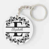 Porte-clés Modern Black Floral Wreath Split Monogram "E" (Dos)